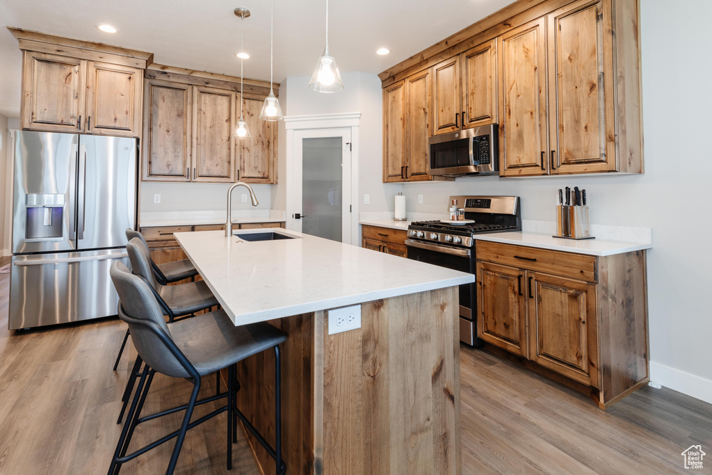 Kitchen with hanging light fixtures, light wood-type flooring, stainless steel appliances, sink, and a center island with sink