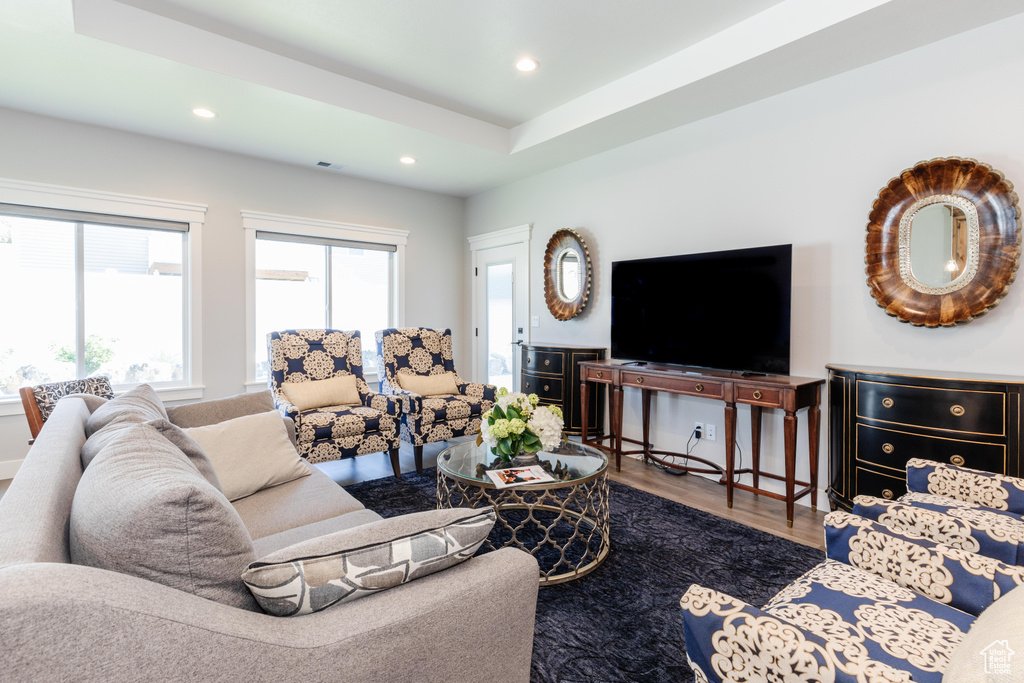 Living room featuring a raised ceiling and hardwood / wood-style flooring