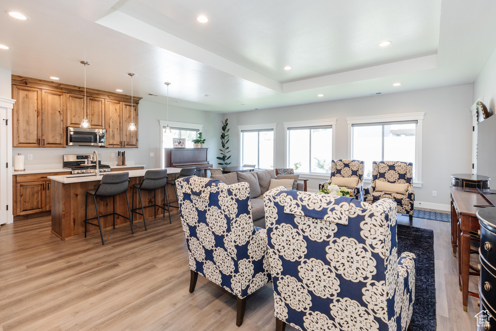 Living room featuring a tray ceiling and light hardwood / wood-style flooring