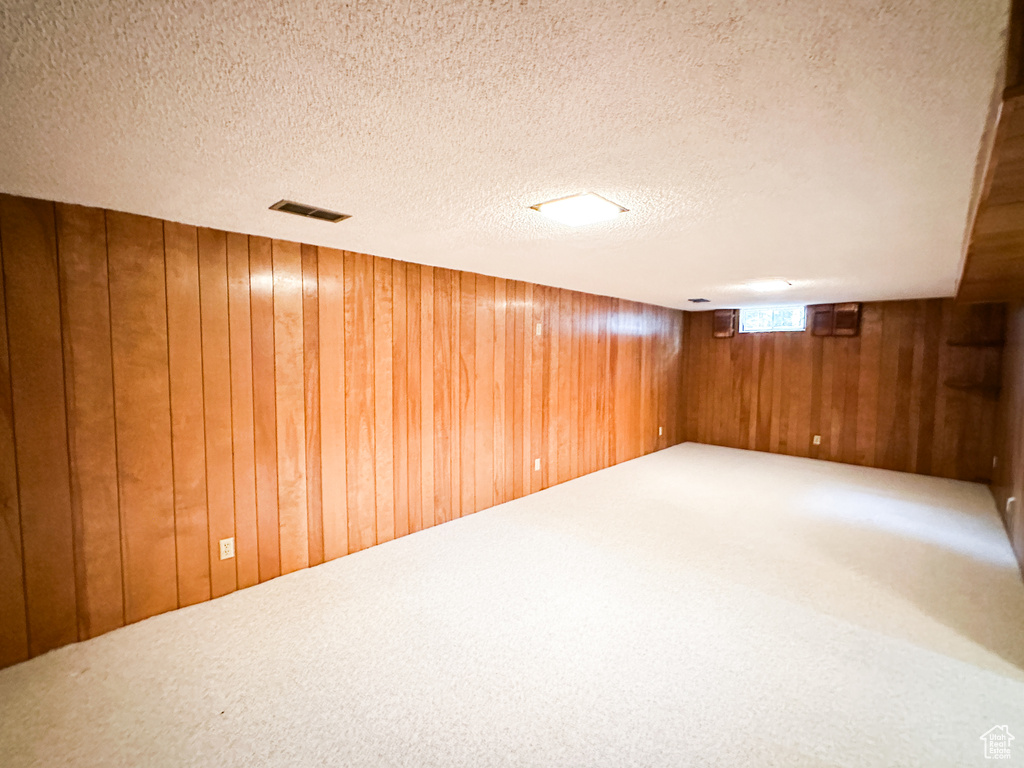 Basement featuring a textured ceiling, wood walls, and carpet floors