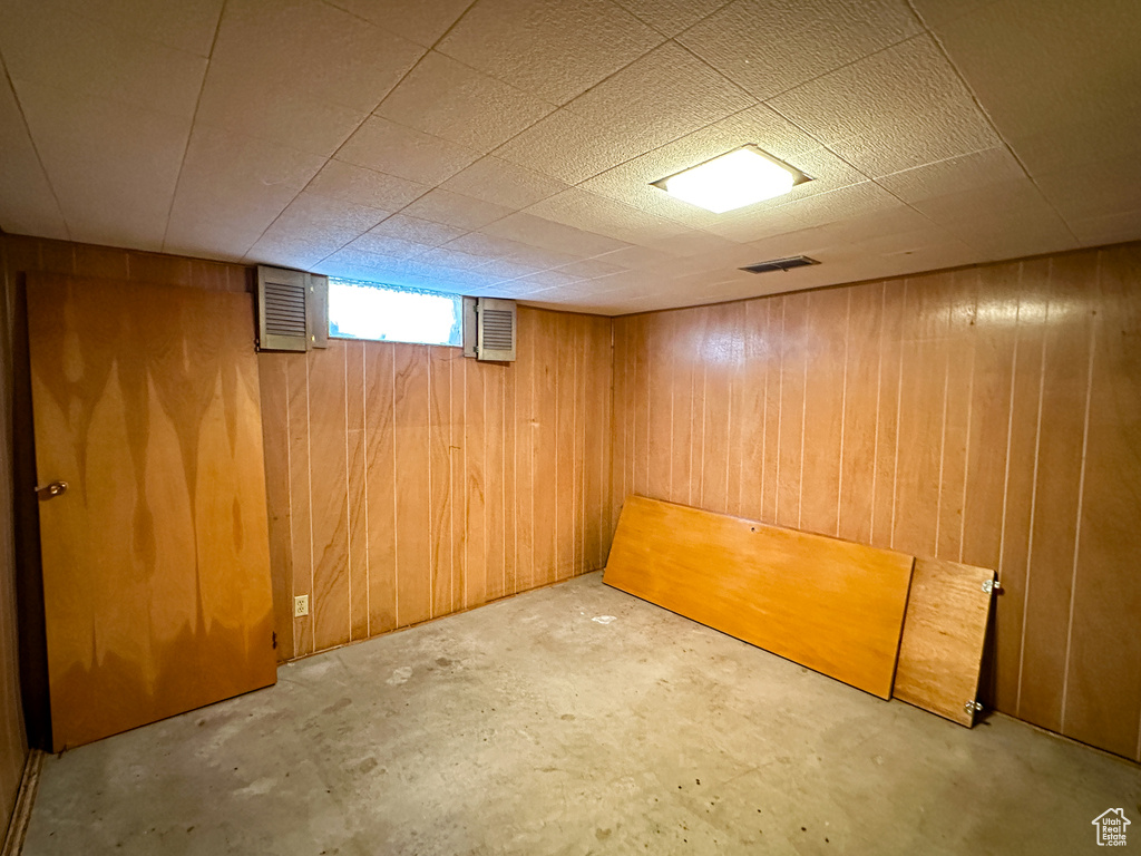 Basement featuring wood walls