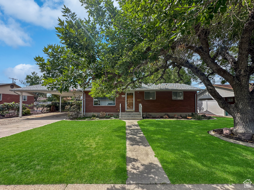 Ranch-style home with a front yard and a carport