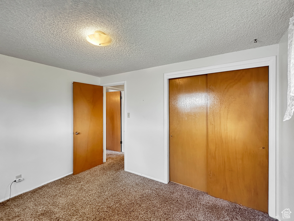 Unfurnished bedroom with carpet, a textured ceiling, and a closet