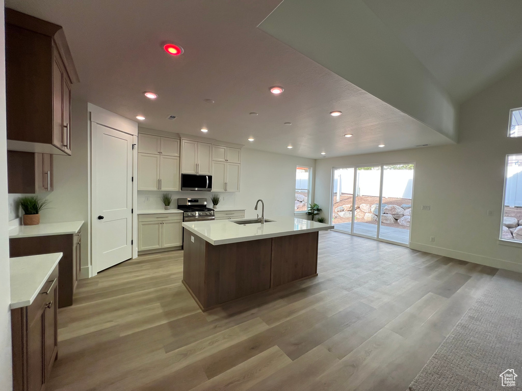 Kitchen featuring a sink, light wood finished floors, stainless steel appliances, and recessed lighting