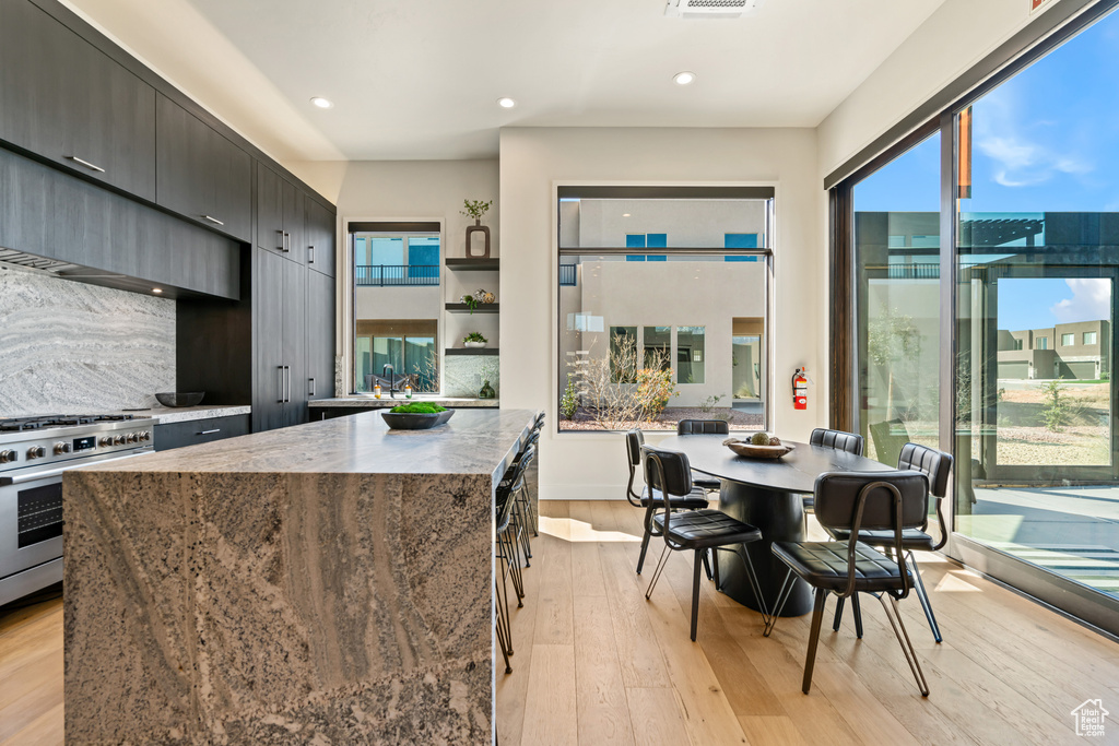 Kitchen featuring high end stainless steel range, a healthy amount of sunlight, and light hardwood / wood-style floors