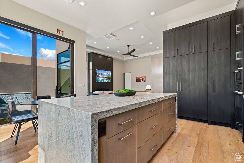 Kitchen featuring a center island, light stone countertops, light hardwood / wood-style floors, a raised ceiling, and ceiling fan