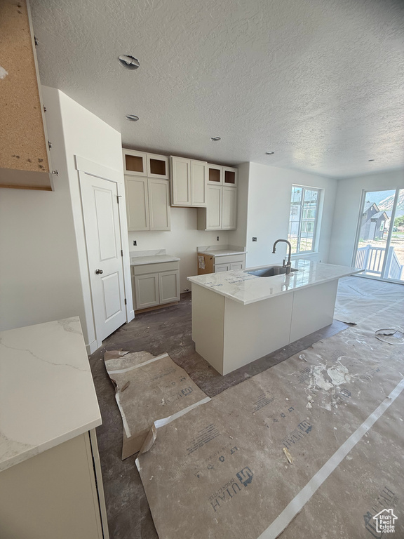 Kitchen with a sink, a textured ceiling, a kitchen island with sink, light stone countertops, and glass insert cabinets