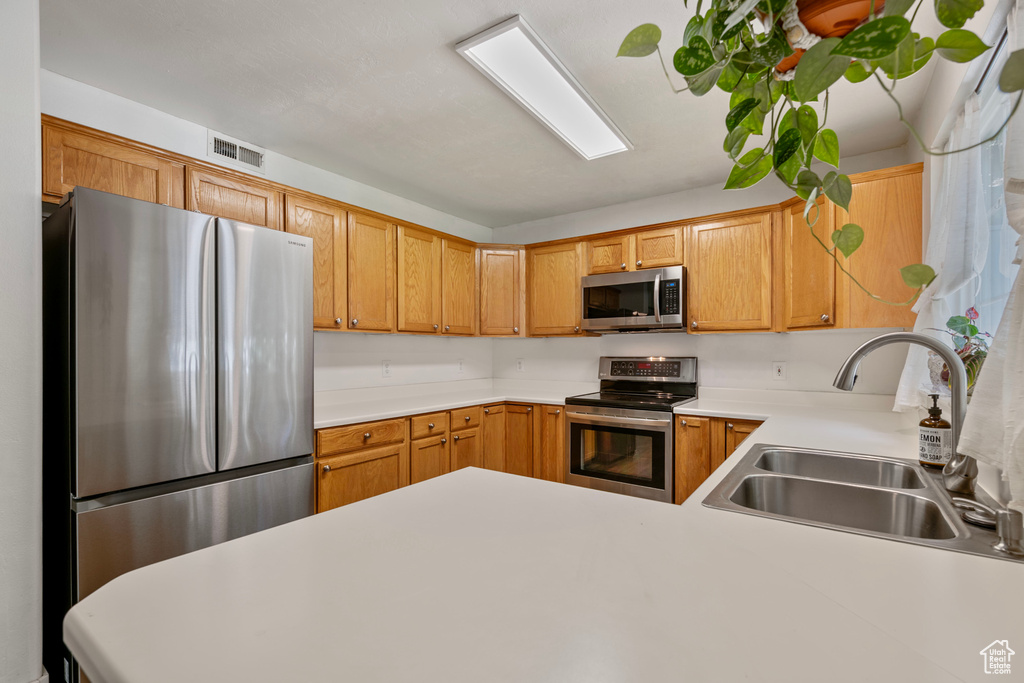 Kitchen with appliances with stainless steel finishes, kitchen peninsula, and sink