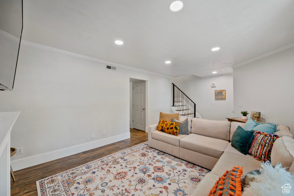 Living room featuring wood-type flooring and crown molding