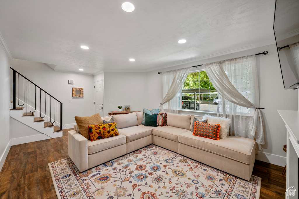 Living room featuring ornamental molding and hardwood / wood-style flooring