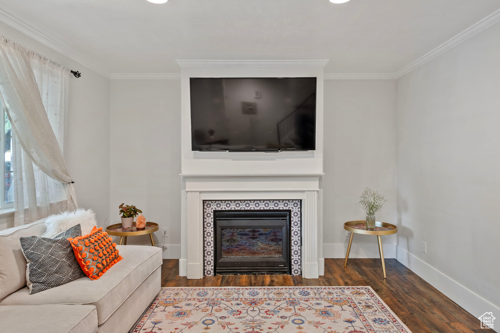 Living room featuring a tiled fireplace, dark hardwood / wood-style flooring, and ornamental molding