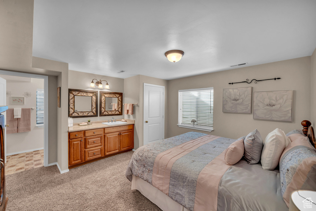 Carpeted bedroom featuring ensuite bath and sink