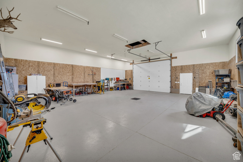 Garage with a workshop area