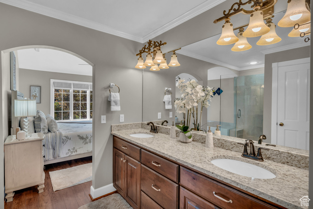 Bathroom with vanity, wood-type flooring, walk in shower, and an inviting chandelier