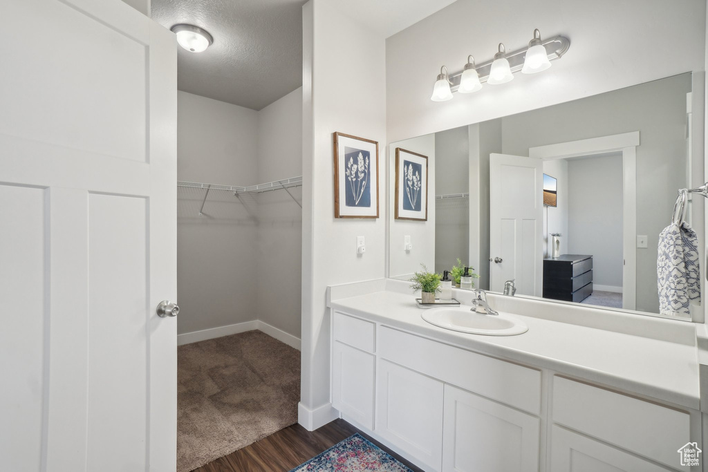 Bathroom with wood-type flooring and vanity