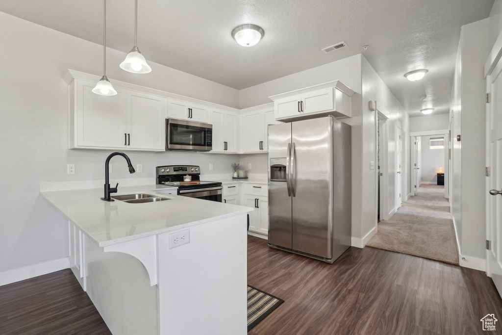 Kitchen featuring hanging light fixtures, stainless steel appliances, dark hardwood / wood-style flooring, sink, and kitchen peninsula