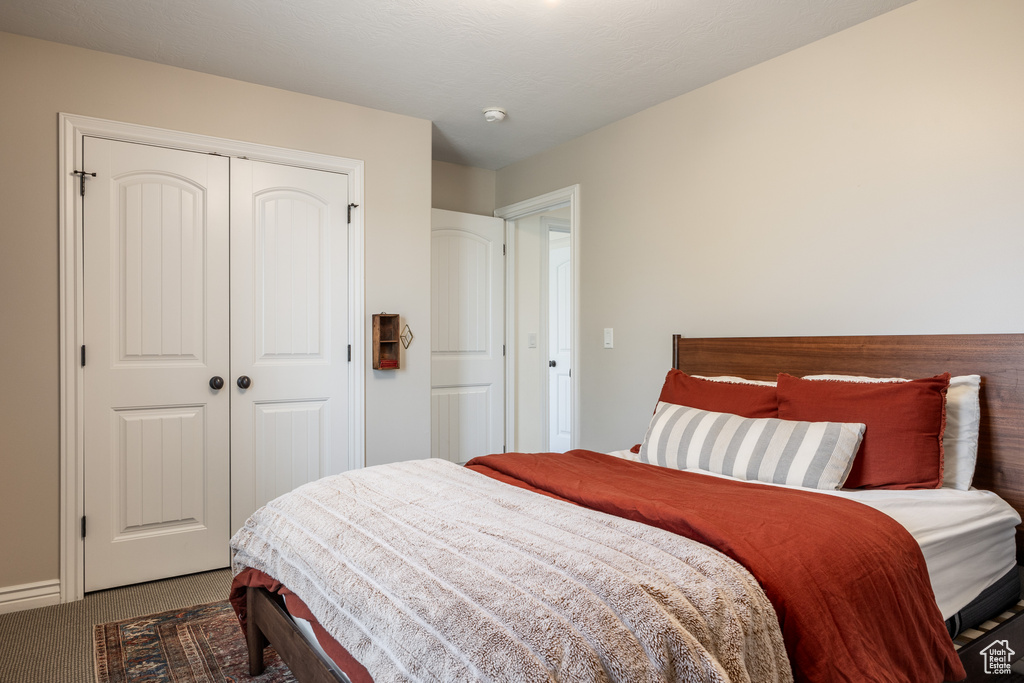 Carpeted bedroom featuring a closet