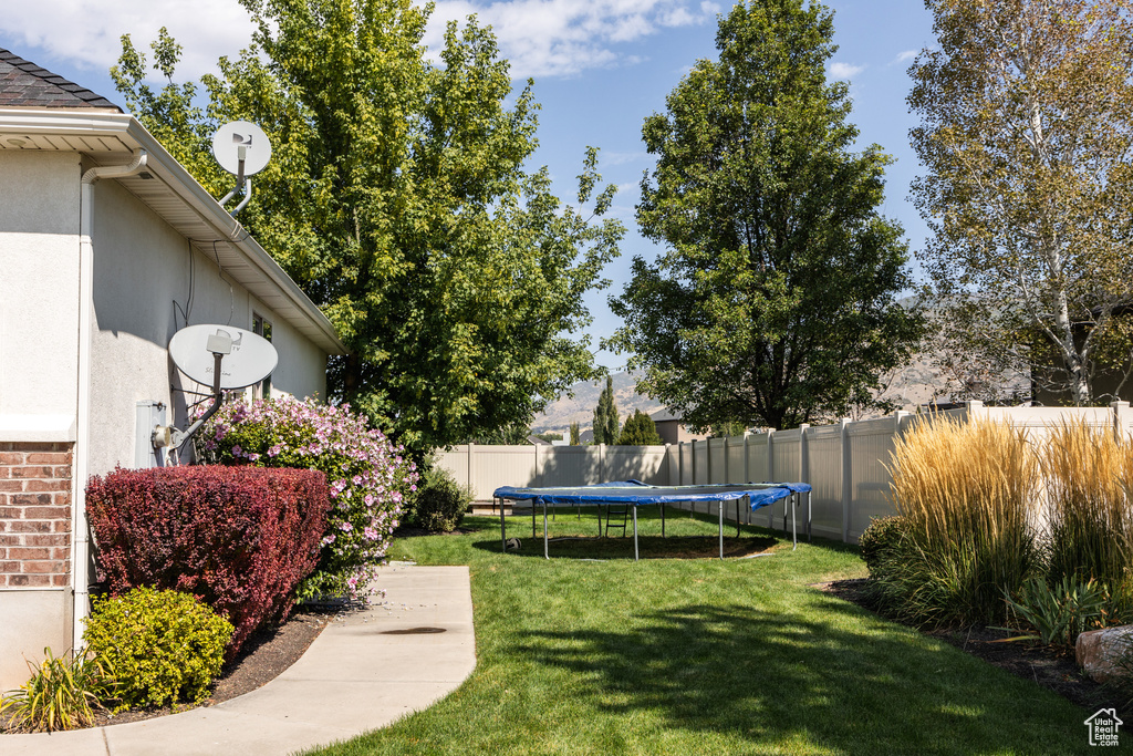 View of yard featuring a trampoline