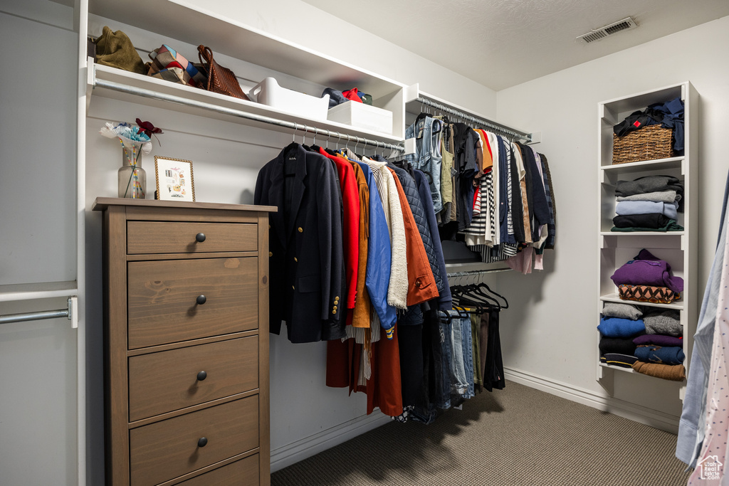 Walk in closet with carpet flooring