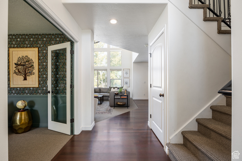 Interior space with dark hardwood / wood-style floors