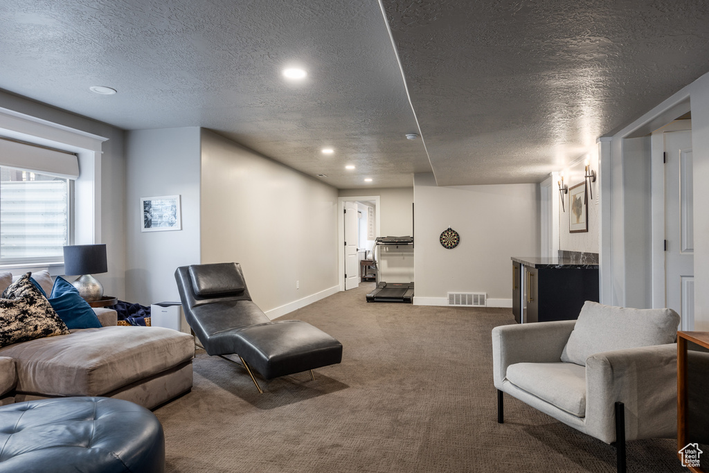 Living room featuring a textured ceiling and carpet