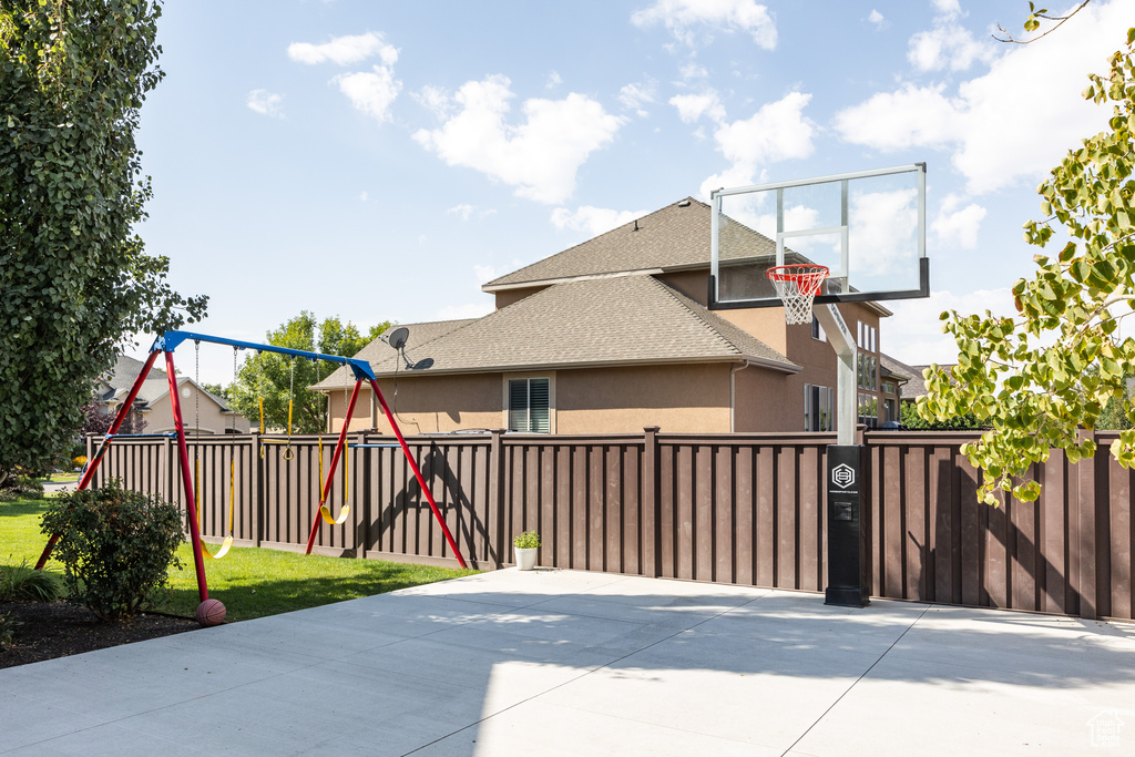 Exterior space with a playground