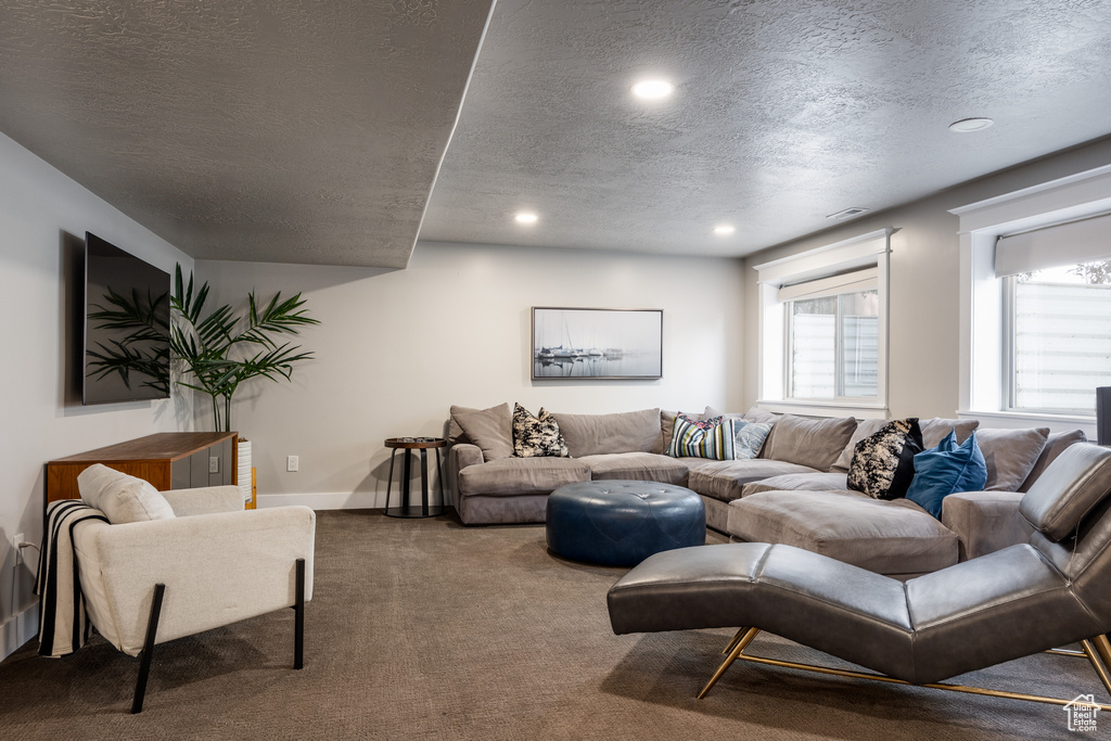 Living room with carpet flooring and a textured ceiling