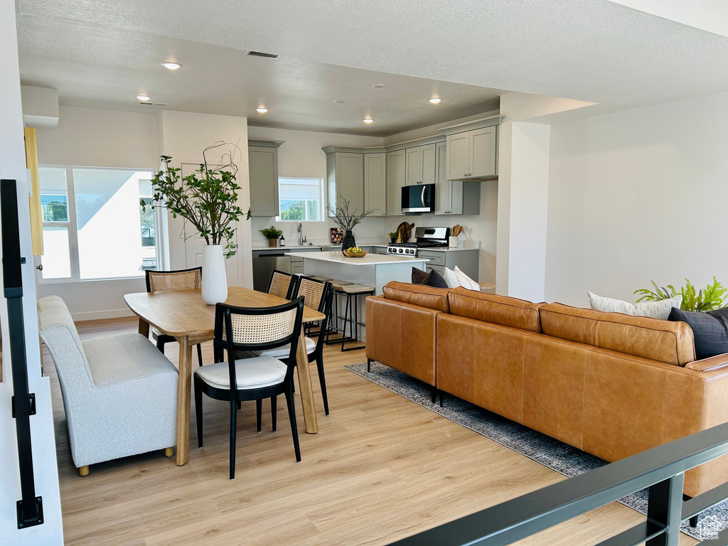 Dining room featuring a textured ceiling, light hardwood / wood-style floors, sink, and plenty of natural light