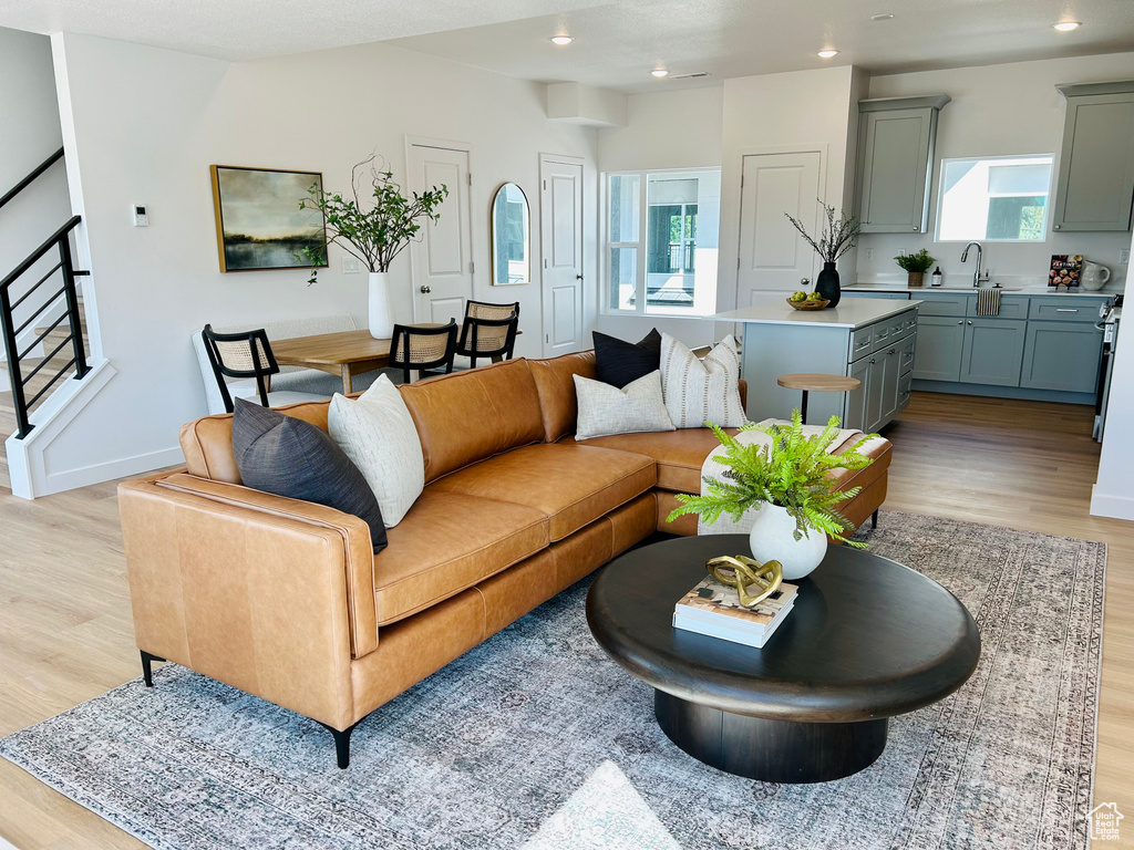 Living room featuring light hardwood / wood-style floors, a healthy amount of sunlight, and sink