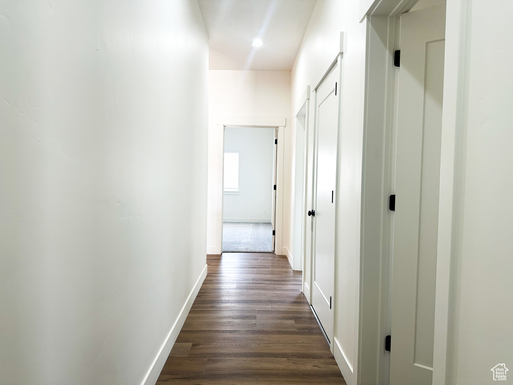 Hall with dark hardwood / wood-style flooring