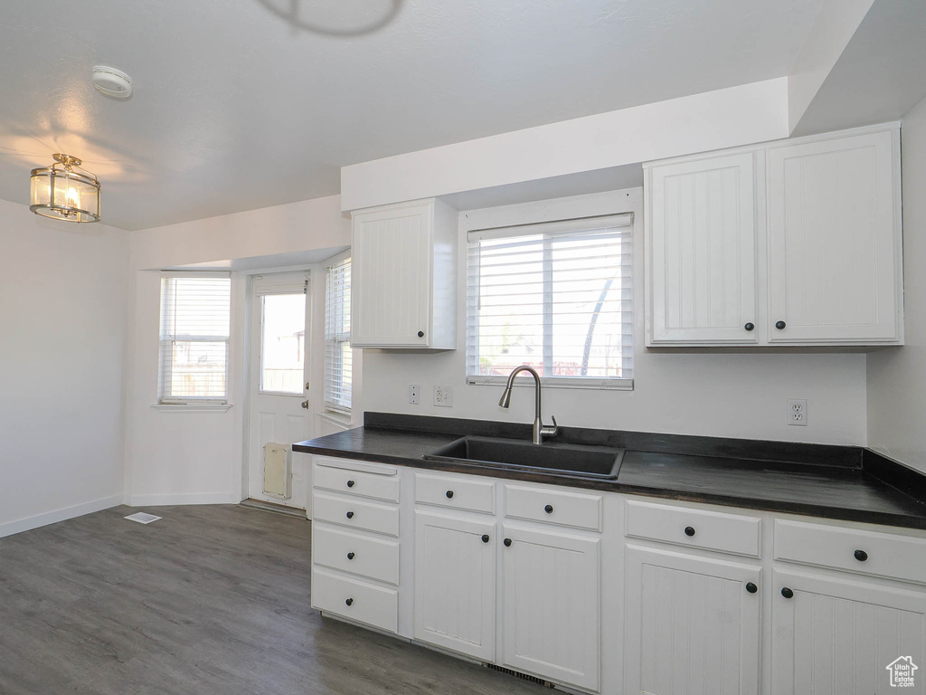 Kitchen with dark hardwood / wood-style flooring, white cabinetry, and sink