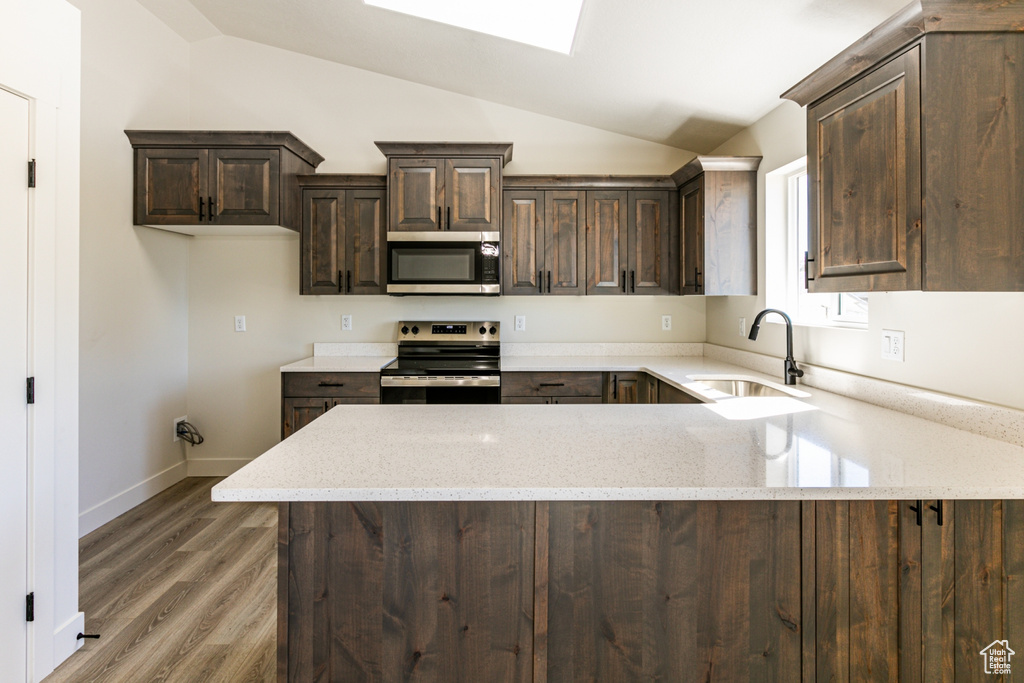 Kitchen with appliances with stainless steel finishes, lofted ceiling with skylight, sink, and plenty of natural light