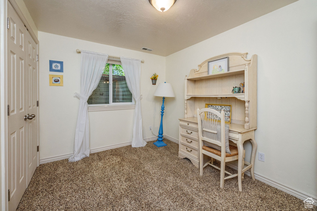 Home office with carpet flooring and a textured ceiling