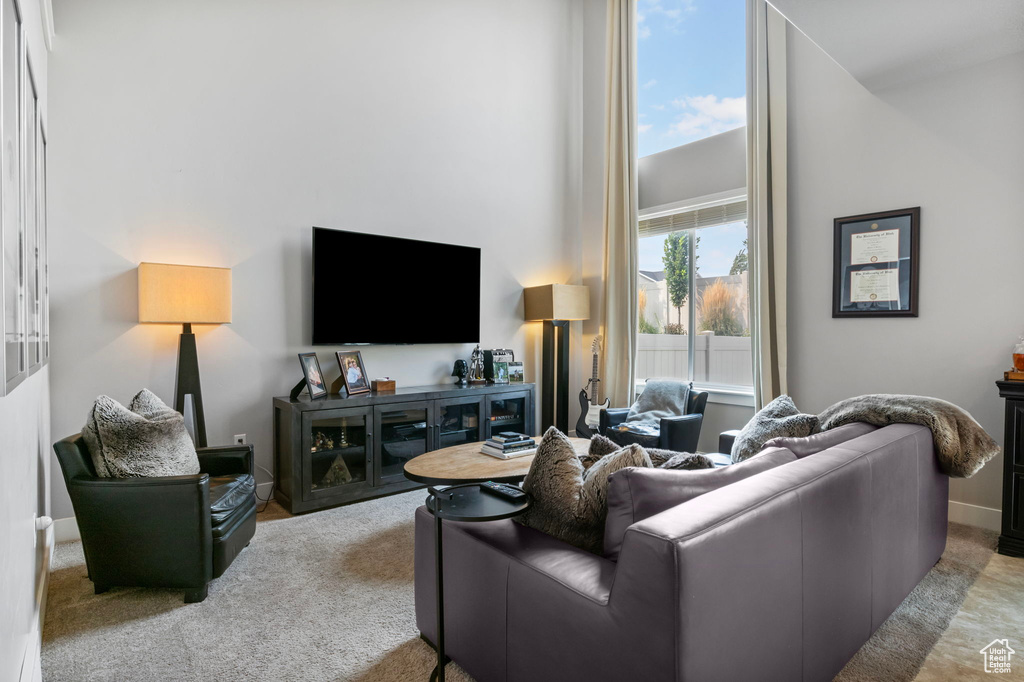 Carpeted living room featuring a high ceiling