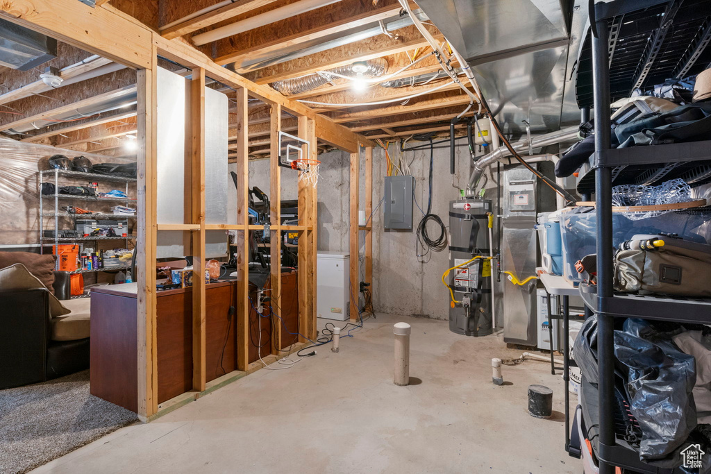 Basement with electric panel and secured water heater