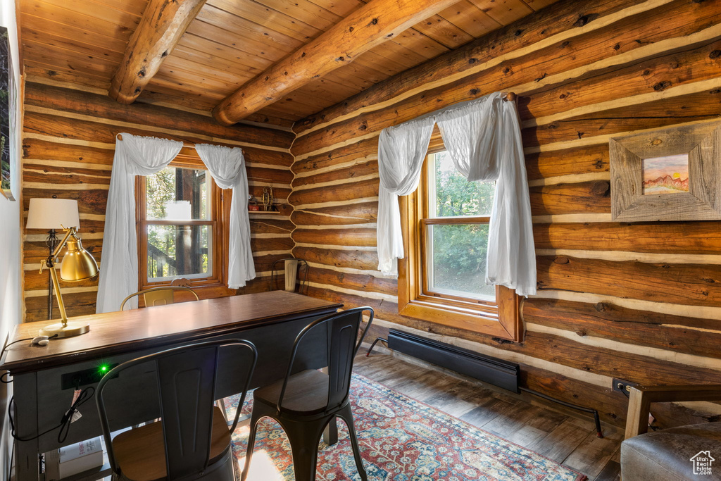 Home office featuring plenty of natural light, dark hardwood / wood-style floors, beamed ceiling, and wooden ceiling