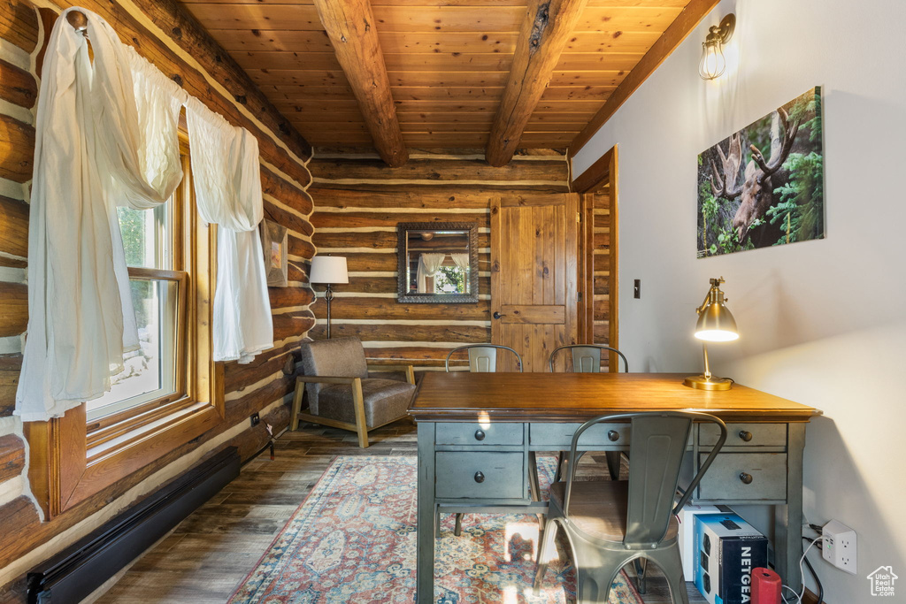 Office space featuring log walls, beamed ceiling, wooden ceiling, dark hardwood / wood-style flooring, and baseboard heating