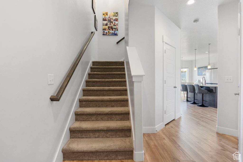 Stairway with hardwood / wood-style flooring