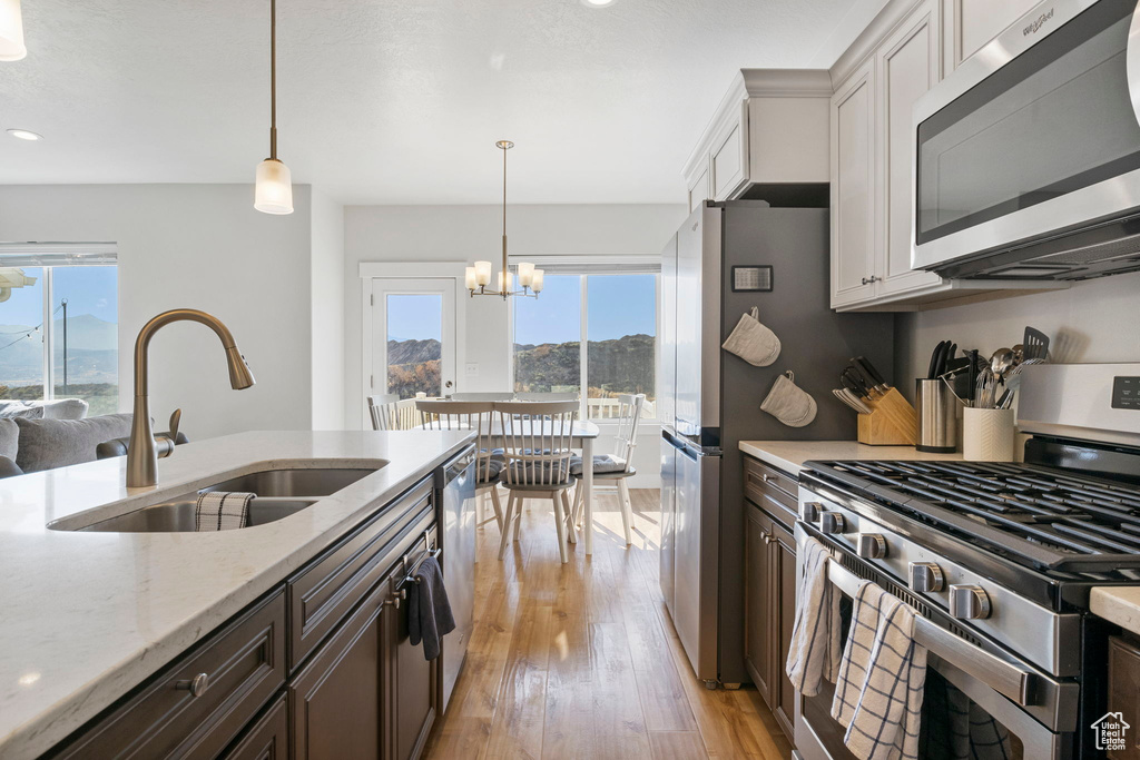 Kitchen featuring pendant lighting, stainless steel appliances, an inviting chandelier, sink, and white cabinets