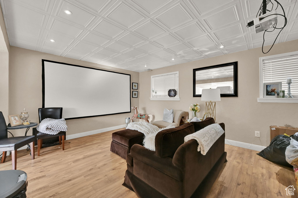 Cinema room with light hardwood / wood-style floors