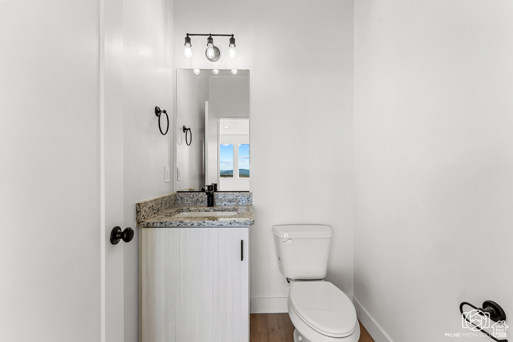 Bathroom featuring wood-type flooring, vanity, and toilet