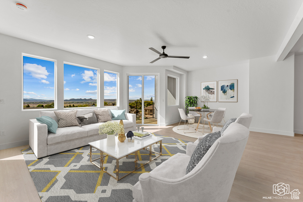 Living room featuring ceiling fan and light hardwood / wood-style flooring