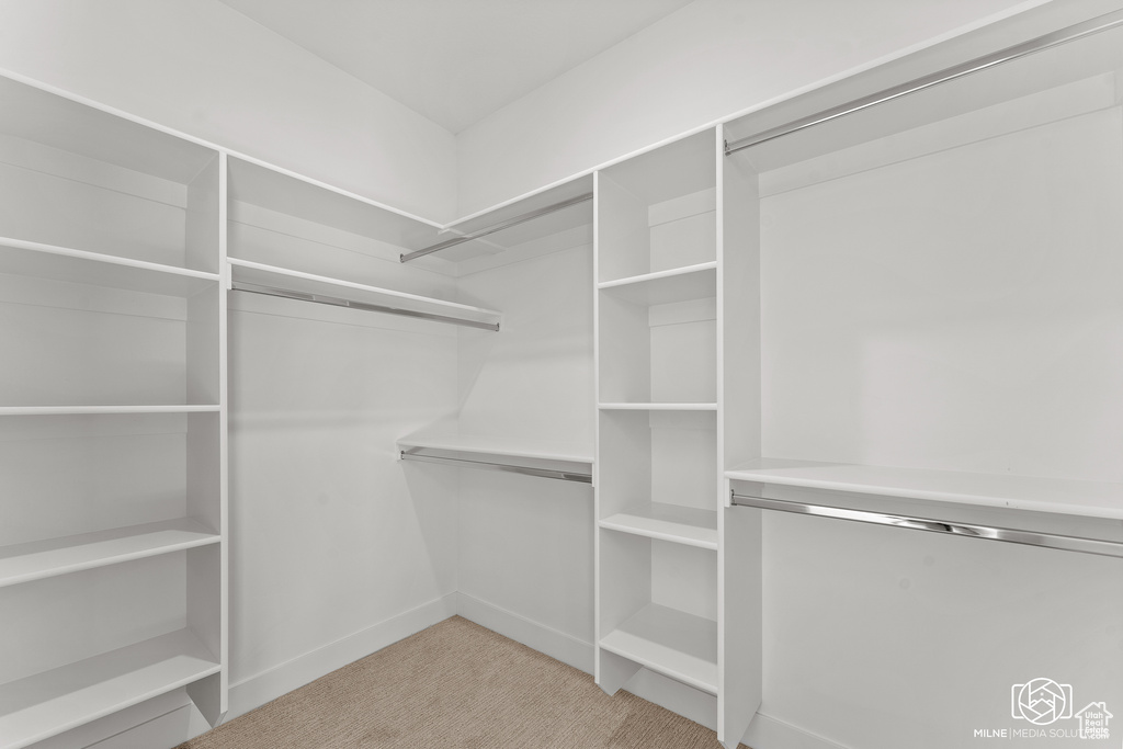 Walk in closet with light colored carpet