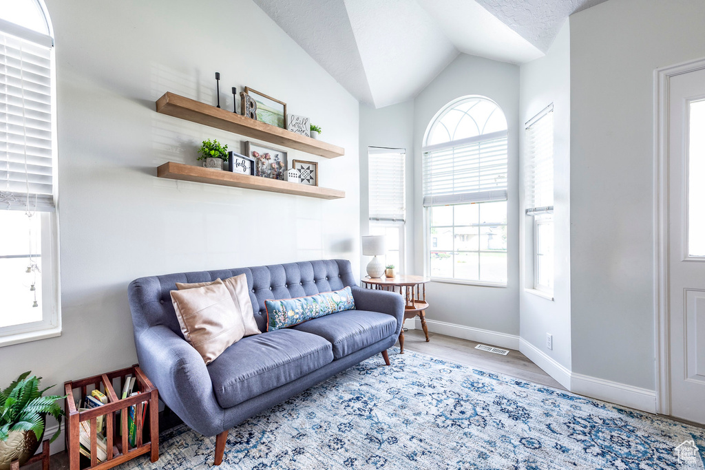 Living room featuring light wood-type flooring, a textured ceiling, and vaulted ceiling