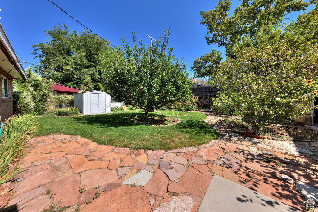 View of yard with a storage shed, a patio, fence, and an outdoor structure