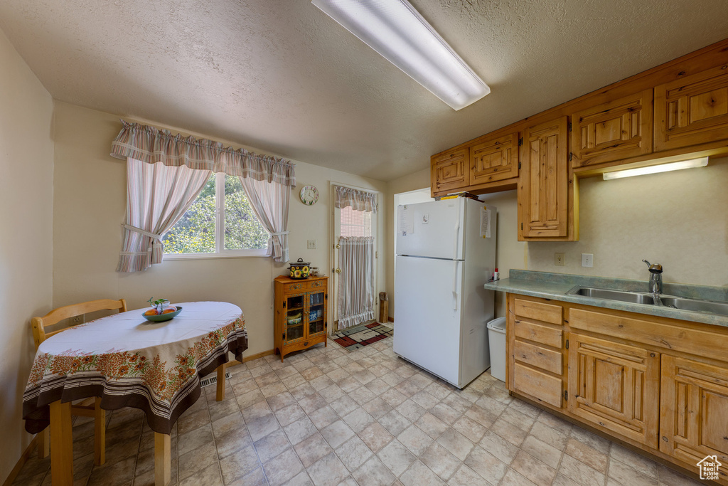 Kitchen with a sink, light countertops, freestanding refrigerator, and a textured ceiling