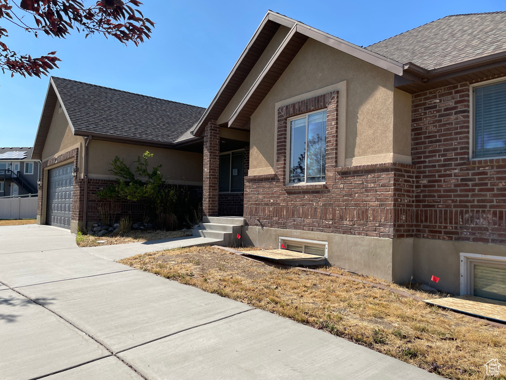 Exterior space featuring a garage