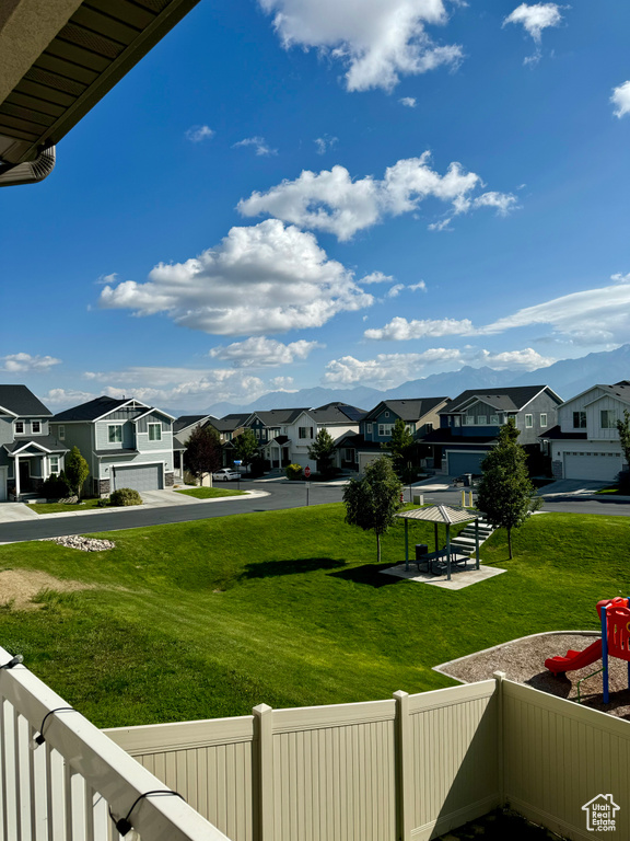 View of yard featuring a garage