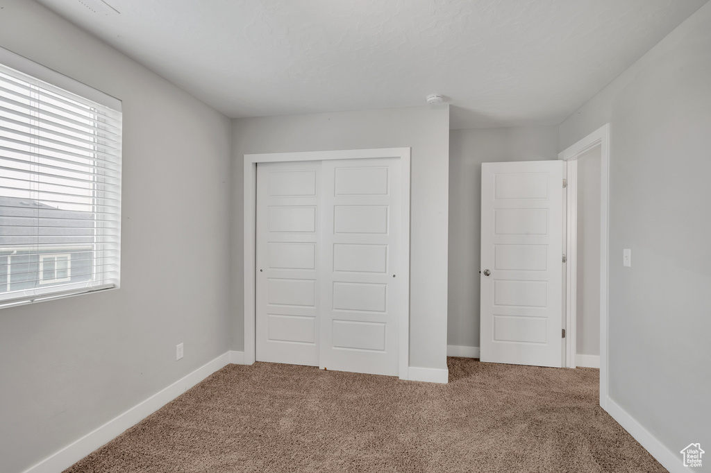 Unfurnished bedroom with multiple windows, carpet flooring, and a closet