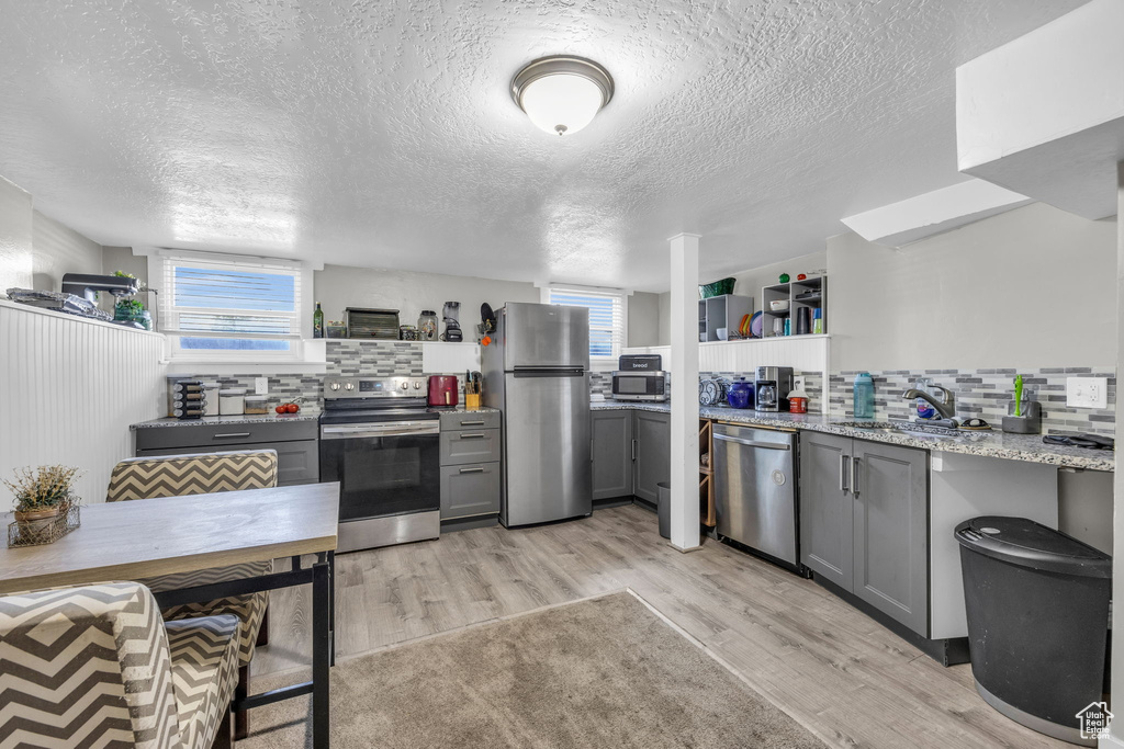 Kitchen featuring gray cabinetry, stainless steel appliances, light hardwood / wood-style floors, and sink